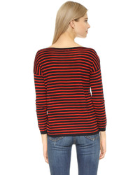 roter und schwarzer horizontal gestreifter Pullover mit einem Rundhalsausschnitt von Demy Lee