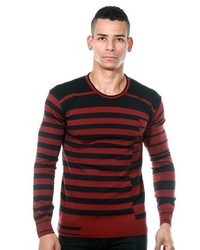 roter und schwarzer horizontal gestreifter Pullover mit einem Rundhalsausschnitt von EX-PENT