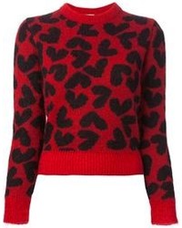roter und schwarzer Pullover mit einem Rundhalsausschnitt mit Leopardenmuster von Saint Laurent