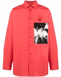 rotes bedrucktes Langarmhemd von Raf Simons X Fred Perry
