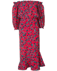rotes bedrucktes schulterfreies Kleid aus Seide von Saloni