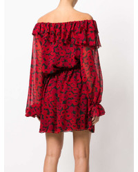 rotes bedrucktes schulterfreies Kleid von Saint Laurent