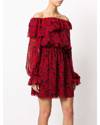 rotes bedrucktes schulterfreies Kleid von Saint Laurent