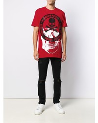 rotes bedrucktes T-Shirt mit einem Rundhalsausschnitt von Philipp Plein