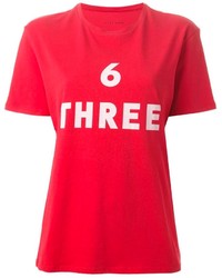 rotes bedrucktes T-Shirt mit einem Rundhalsausschnitt von 6397