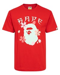 rotes bedrucktes T-Shirt mit einem Rundhalsausschnitt von A Bathing Ape