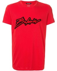 rotes bedrucktes T-Shirt mit einem Rundhalsausschnitt von Balmain