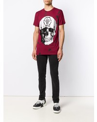 rotes bedrucktes T-Shirt mit einem Rundhalsausschnitt von Philipp Plein