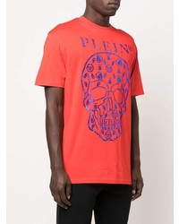 rotes bedrucktes T-Shirt mit einem Rundhalsausschnitt von Philipp Plein