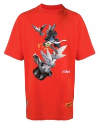 rotes bedrucktes T-Shirt mit einem Rundhalsausschnitt von Heron Preston