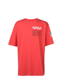 rotes bedrucktes T-Shirt mit einem Rundhalsausschnitt von Heron Preston