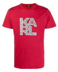 rotes bedrucktes T-Shirt mit einem Rundhalsausschnitt von Karl Lagerfeld