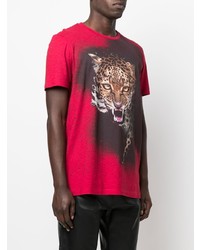 rotes bedrucktes T-Shirt mit einem Rundhalsausschnitt von Roberto Cavalli