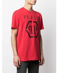 rotes bedrucktes T-Shirt mit einem Rundhalsausschnitt von Philipp Plein