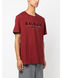 rotes bedrucktes T-Shirt mit einem Rundhalsausschnitt von Balmain