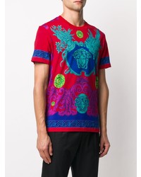 rotes bedrucktes T-Shirt mit einem Rundhalsausschnitt von Versace