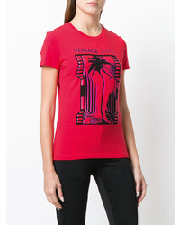 rotes bedrucktes T-Shirt mit einem Rundhalsausschnitt von Versace Jeans