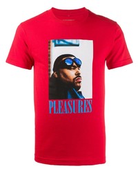 rotes bedrucktes T-Shirt mit einem Rundhalsausschnitt von Pleasures