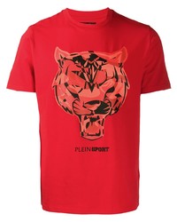 rotes bedrucktes T-Shirt mit einem Rundhalsausschnitt von Plein Sport