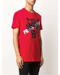 rotes bedrucktes T-Shirt mit einem Rundhalsausschnitt von Philipp Plein