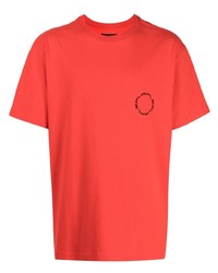 rotes bedrucktes T-Shirt mit einem Rundhalsausschnitt von purple brand