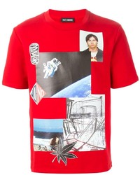 rotes bedrucktes T-Shirt mit einem Rundhalsausschnitt von Raf Simons