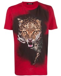 rotes bedrucktes T-Shirt mit einem Rundhalsausschnitt von Roberto Cavalli