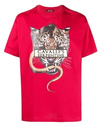 rotes bedrucktes T-Shirt mit einem Rundhalsausschnitt von Roberto Cavalli