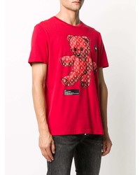 rotes bedrucktes T-Shirt mit einem Rundhalsausschnitt von Philipp Plein