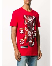 rotes bedrucktes T-Shirt mit einem Rundhalsausschnitt von Philipp Plein