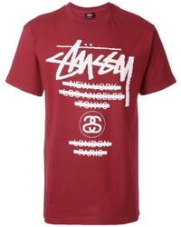 rotes bedrucktes T-Shirt mit einem Rundhalsausschnitt von Stussy