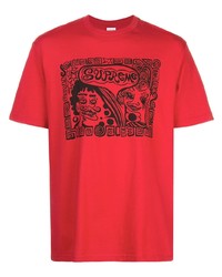 rotes bedrucktes T-Shirt mit einem Rundhalsausschnitt von Supreme