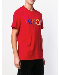 rotes bedrucktes T-Shirt mit einem Rundhalsausschnitt von Versace