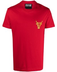 rotes bedrucktes T-Shirt mit einem Rundhalsausschnitt von VERSACE JEANS COUTURE