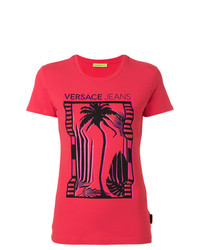 rotes bedrucktes T-Shirt mit einem Rundhalsausschnitt von Versace Jeans