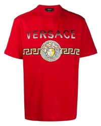 rotes bedrucktes T-Shirt mit einem Rundhalsausschnitt von Versace