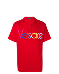 rotes bedrucktes T-Shirt mit einem Rundhalsausschnitt von Versace