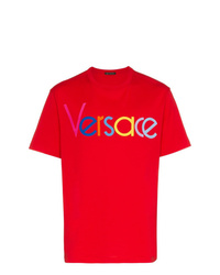 rotes bedrucktes T-Shirt mit einem Rundhalsausschnitt von Versace