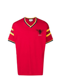 rotes bedrucktes T-Shirt mit einem V-Ausschnitt von Gucci