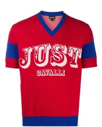 rotes bedrucktes T-Shirt mit einem V-Ausschnitt von Just Cavalli