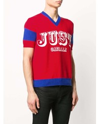 rotes bedrucktes T-Shirt mit einem V-Ausschnitt von Just Cavalli