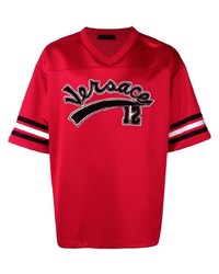 rotes bedrucktes T-Shirt mit einem V-Ausschnitt von Versace