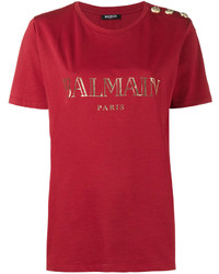 rotes bedrucktes T-shirt von Balmain