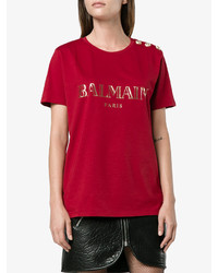 rotes bedrucktes T-shirt von Balmain
