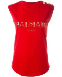 rotes bedrucktes Trägershirt von Balmain