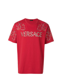 rotes beschlagenes T-Shirt mit einem Rundhalsausschnitt von Versace