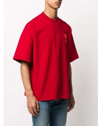 rotes besticktes T-Shirt mit einem Rundhalsausschnitt von Ami Paris