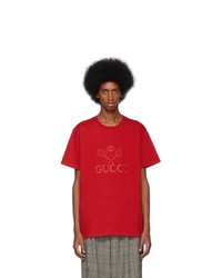 rotes besticktes T-Shirt mit einem Rundhalsausschnitt von Gucci