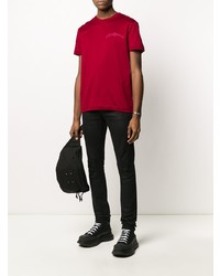 rotes besticktes T-Shirt mit einem Rundhalsausschnitt von Alexander McQueen