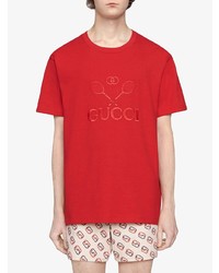 rotes besticktes T-Shirt mit einem Rundhalsausschnitt von Gucci